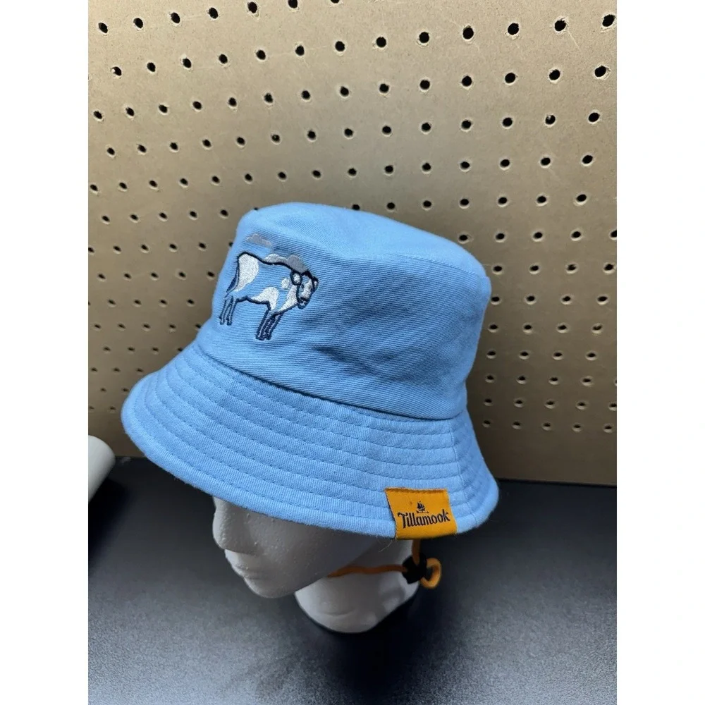 Tillamook Kids Reversible Bucket Hat Cow Logo Blue Clouds Chin Strap